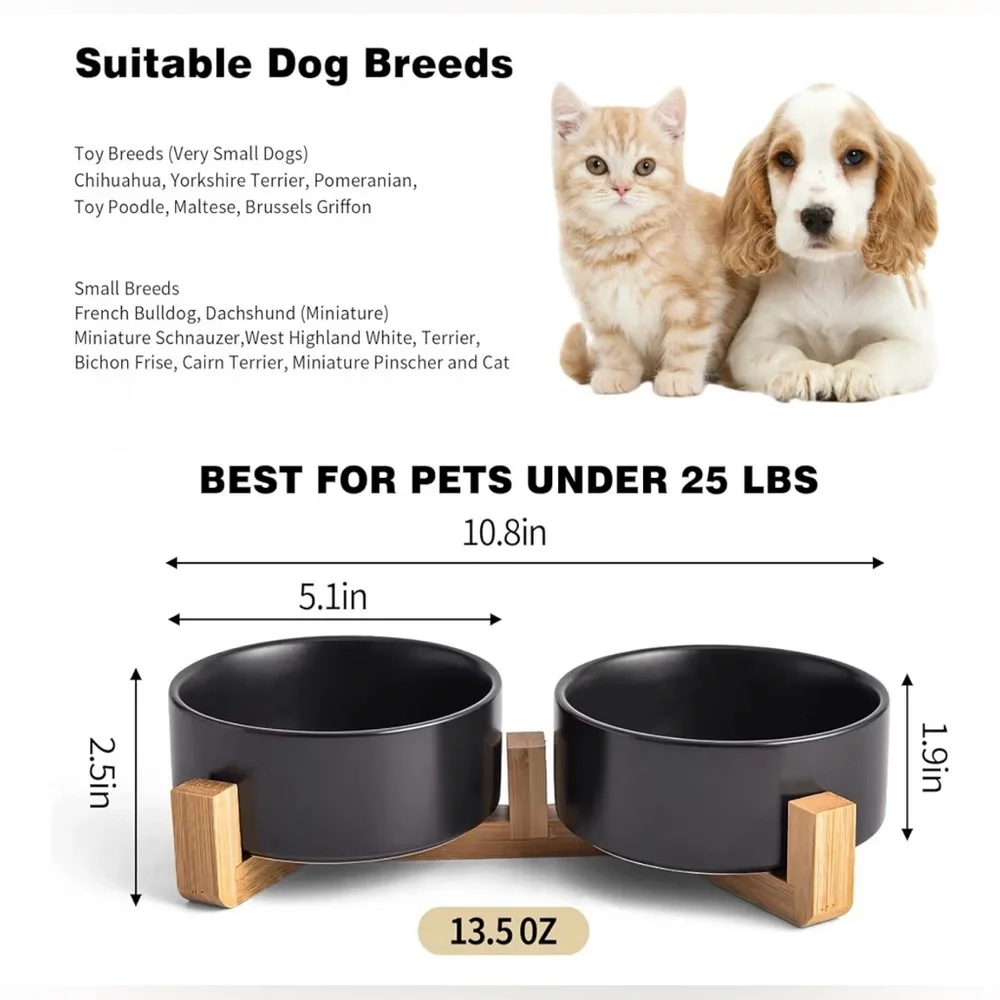 Black Ceramic Dog & Cat Bowl Set W/Wooden Stand